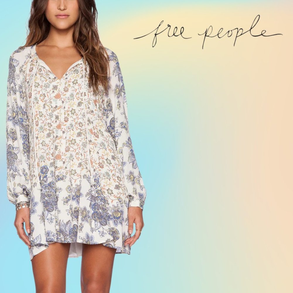 Free People Dress - White and Blue- Lucky Loosey Dress Honeysuckle Combo